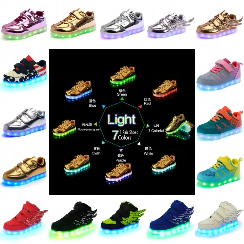 Модная детская обувь со светодиодами для мальчиков и девочек светящаяся обувь Повседневные кроссовки с зарядным устройством USB 18 цветов 7 видов стилей