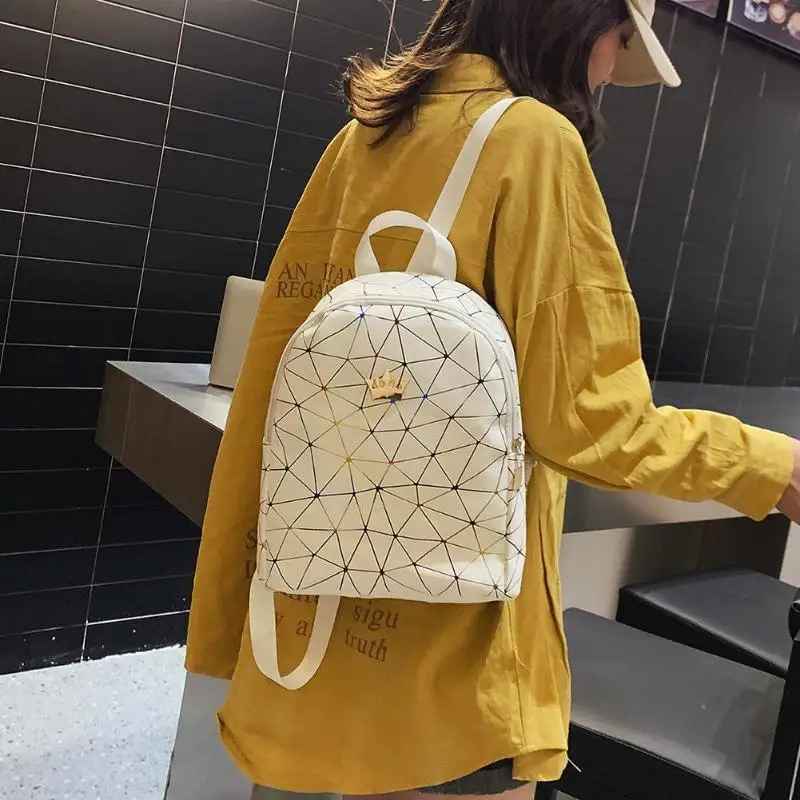 

Mini Travel Fashion School Bag Packs Geometric Print Crown Decor Travel Backpacks Women Laser Leather Knapsack luxury PU Leather