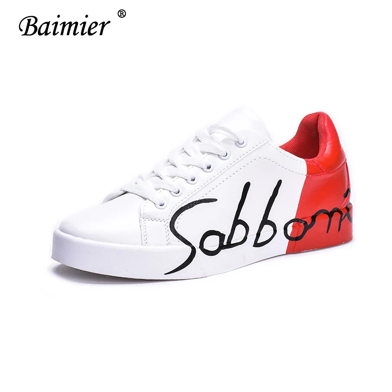 Baimier/белые женские кроссовки; неглубокие кружевные женские туфли на плоской подошве с круглым носком; обувь на платформе; женская мягкая обувь; большие размеры 41, 42, 43 - Цвет: Red Sneakers