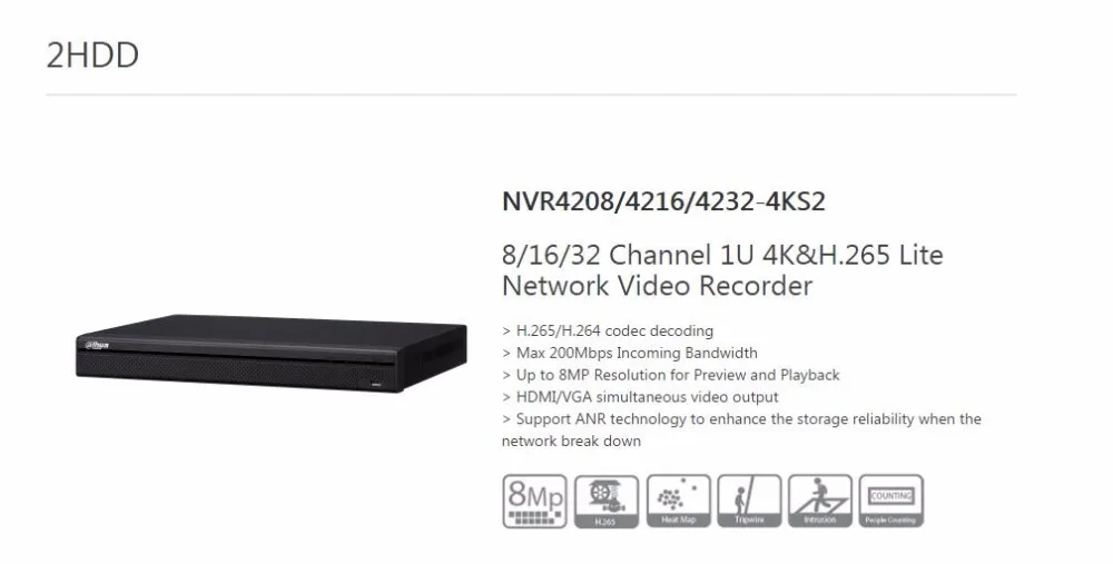 Dahua 4 K P2P NVR видеомагнитофон NVR4232-4KS2 32CH H.265/H.264 подсчет людей вторжений tripwire карта тепла до 8MP Разрешение