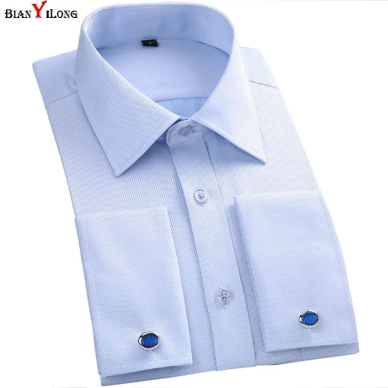 

White/Black French Cuff Button Men's Dress Shirts French Cuff Blue White Long Sleeved Business Casual Shirt Slim Fit Solid Color