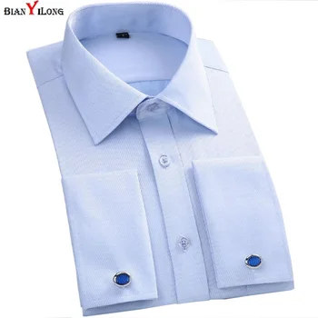 

White/Black French Cuff Button Men's Dress Shirts French Cuff Blue White Long Sleeved Business Casual Shirt Slim Fit Solid Color