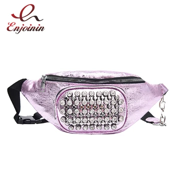 

Punk Fashion Silver Diamond Studded Women's Pu Leather Waist Bag Girl 's Reflective Chest Waist Bag women's bag Waist Leg Bag