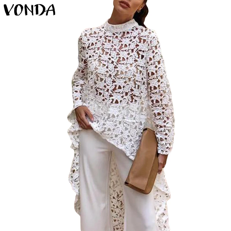 VONDA женские топы лето осень асимметричный подол выдалбливают белая кружевная блузка с длинным рукавом повседневные свободные пляжные Блузы Женская туника