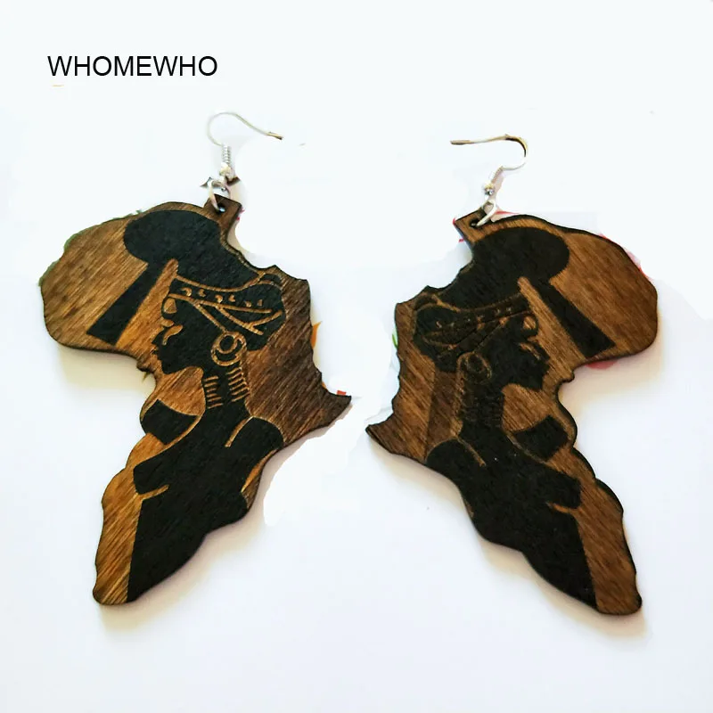 

Brown Wood Africa Map Tribal Engraved Tropical Fashion Black Women Earring Vintage Retro Wooden African Hiphop Jewelry Accessory