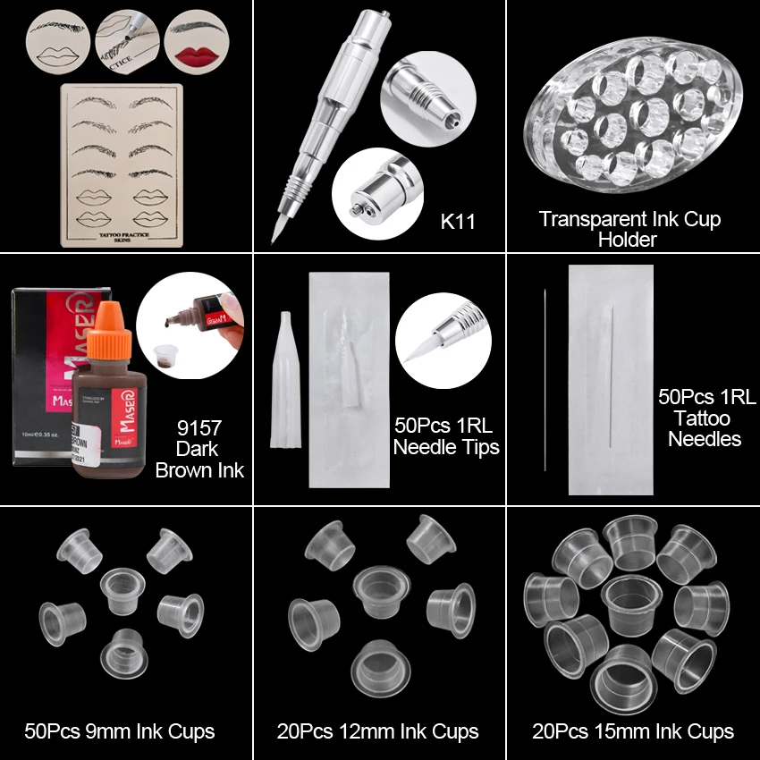 Набор станков для перманентного макияжа с иглами, наконечниками, чернилами, подстаканником, практичная кожа для бровей, губ, подводки для глаз, микроблейдинг, принадлежности для макияжа