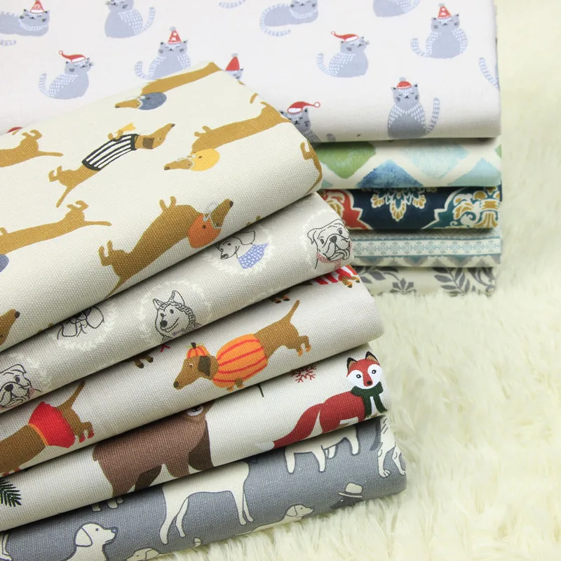 

half meter 100% cotton thin canvas fabric with cartoon dog cat print, handmade DIY quilting patchwork bag cloth A592