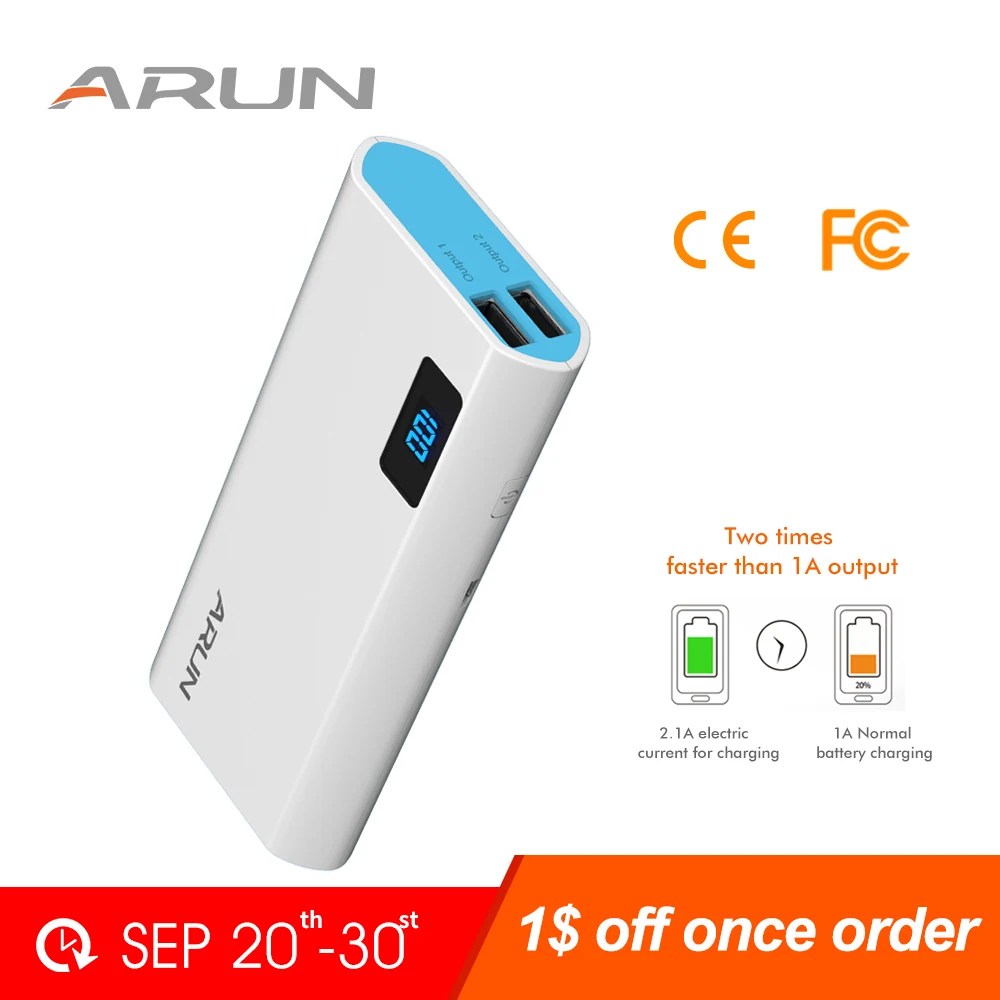 ARUN 10000 mah Power Bank External Batteries Portable Mobile Phone Backup with Double USB Interface Charger | Мобильные телефоны и