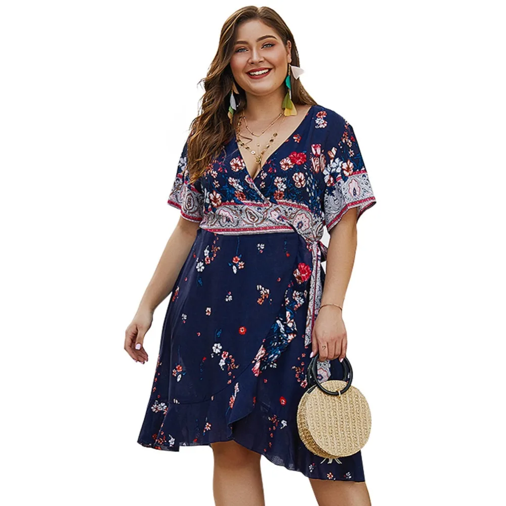 

WHZHM Party Plus Size 3XL 4XL Beach Flower Dress Women Party Female Deep V-Neck Short Sleeve Floral Printed Chiffon Jurk Vadim