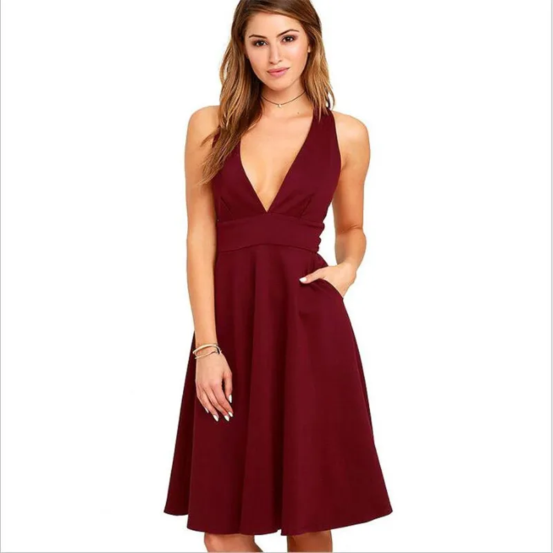 Slim Col Europe V Solides Black red Robe Nouveau Sexy 2018 Amérique Poches Profond Manches Femmes Robes De Été Sans Soirée Mode Style FPtWwZq