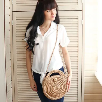 

Handmade Round Women Handbag Summer Straw Beach Bag Rattan Woven Shoulder Messenger Bags Bohemian female Knitted Crossbody Tote