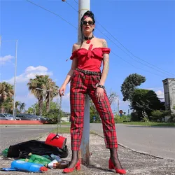 New Retro Punk Red Plaid Checkered Female Pants High Autumn Loose Streetwear Pencil Trousers New Retro Punk Red Plaid Checkered Female Pants High Autumn Loose Streetwear Pencil Trousers
