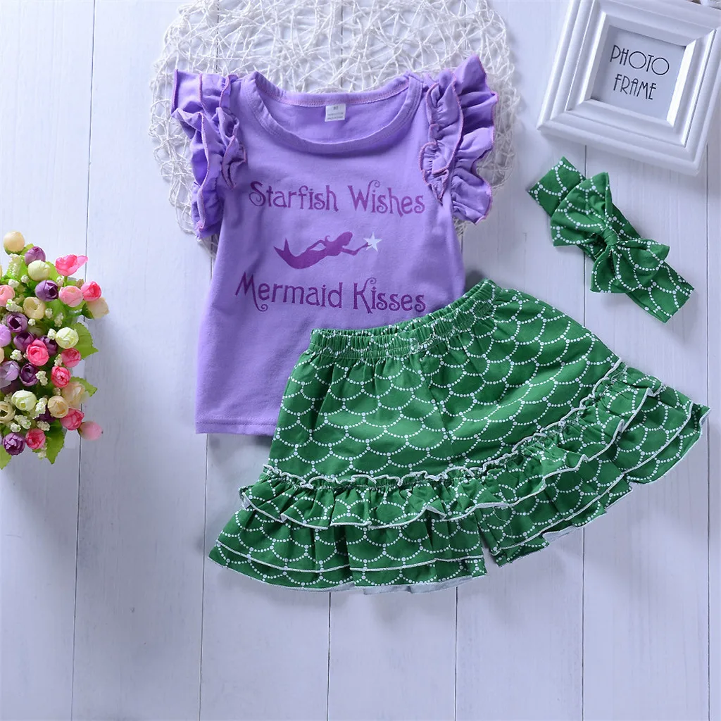 

3PCS Hot Sale toddler summer clothes Infant Baby Girls Mermaid Print T-Shirt Lace Shorts Outfits Clothes girls clothes set#S20