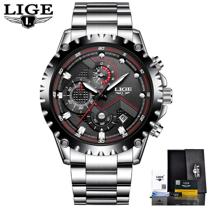 LIGE часы для мужчин модные спортивные кварцевые часы для мужчин s часы лучший бренд класса люкс Полный сталь Бизнес водонепроницаемые часы Relogio Masculino - Цвет: Steel Black