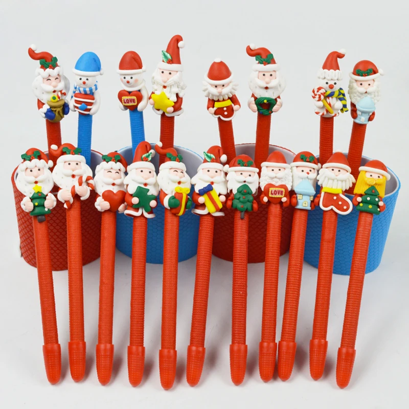 

10pcs Christmas Snowman Soft Pottery Cartoon Santa Claus Christmas Crutch Style Ballpoint Pen Office Learning Supplies