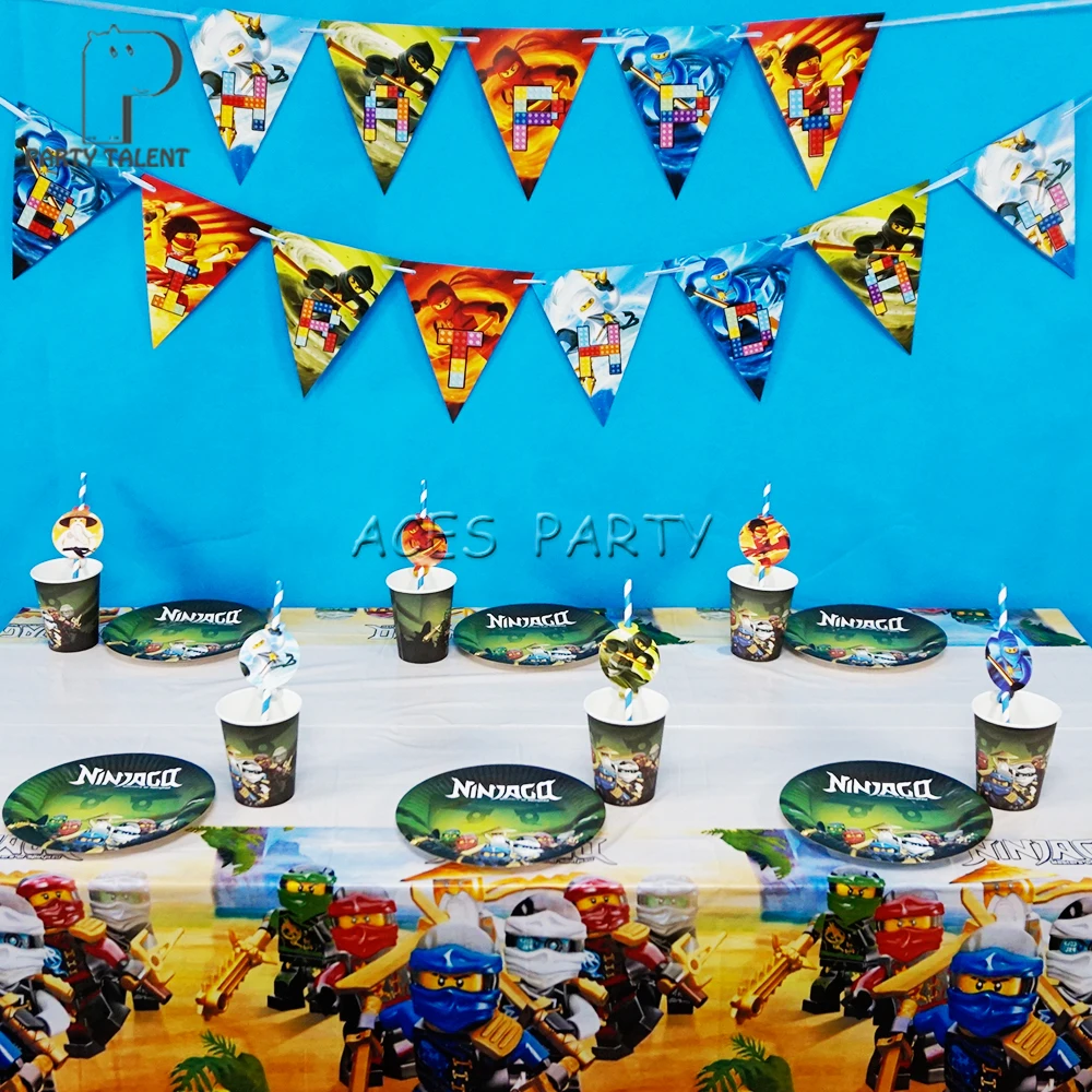 

Party supplies 38pcs for 12 kids Ninja theme birthday party decoration tableware set, plate+cup+straw+banner+tablecover+topper