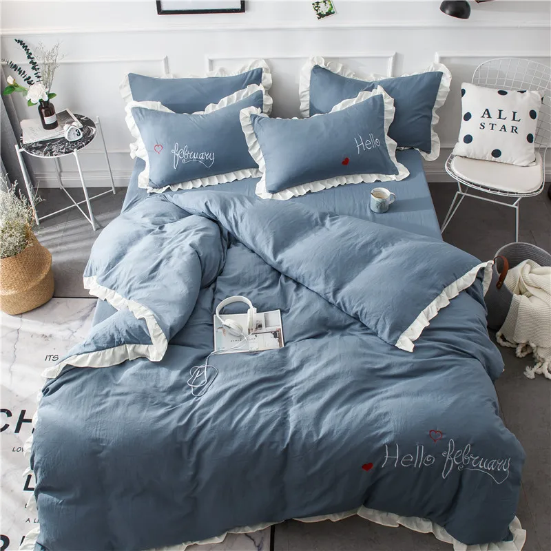 

New Embroidered Yarn Washed Cotton Ruffled Four-Piece Set Solid Color Embroidered Wedding Set Sheet Bedding