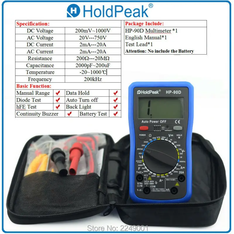 Цифровой мультиметр Multimetro HoldPeak HP 90D 1000 В с диодом/hFE/сопротивлением/емкостным