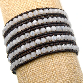 

3pcs/Lot 5 Wrap Natural Moon Stone Luxury Handmade 4mm Mixed Crystal Gems stone Beads Wrap Leather Bracelet Wholesale