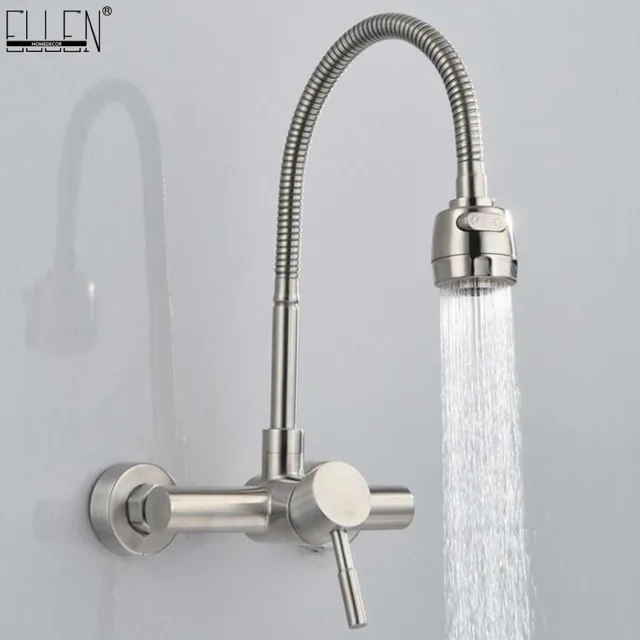 Cheap Wall Mounted Kitchen Faucet Hot and Cold Water Mixer Crane Stainless Steel Two Hole Brush Nickel Kitchen Sink Faucets 