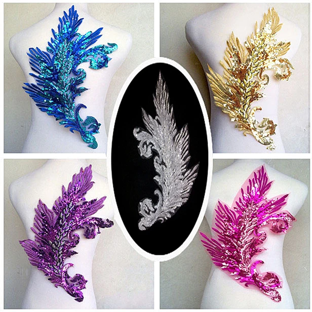

Retail 5Colors Paillette Mesh Embroidery Peacock Feather Patch Stickers Stage For DIY Applique Wedding Dress Clothing 25cm*40cm
