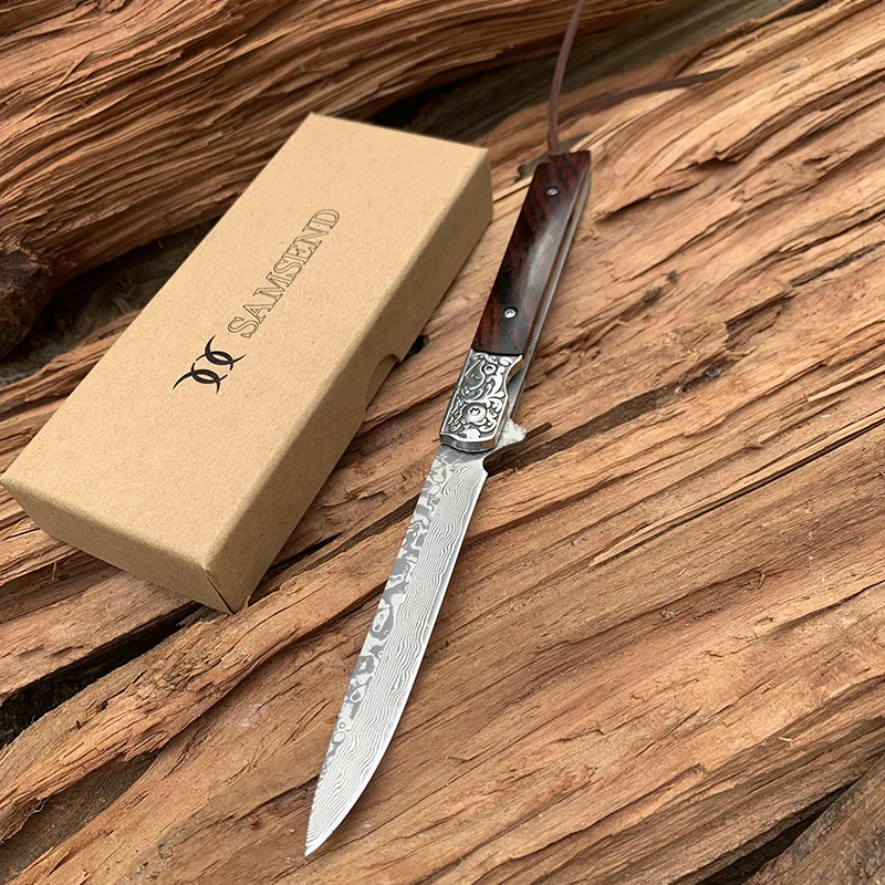 SAMSEND из натурального красного сандалового дерева дамасский карманный нож VG10 многофункциональные инструменты походный складной нож