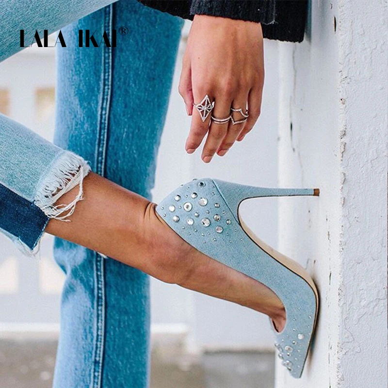 LALA IKAI Ladies Rhinestones Blue Shoes Denim Slip-On Thin Heel Office Party Pumps Sexy Pointed Toe High Heels 014C1859 -49