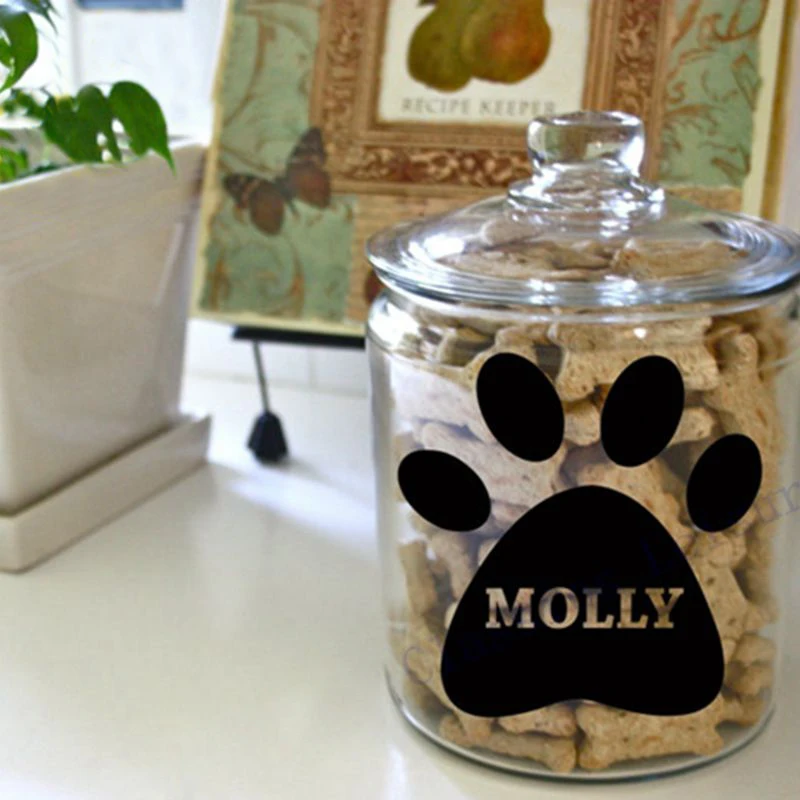 

Free shipping Personalized dog name on Paw Print Vinyl Decal Stickers for Container / Dog food cans