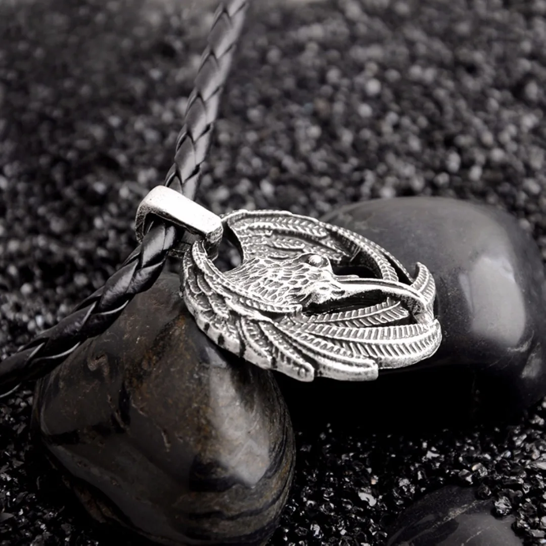 Nordic Viking Raven Crow Head Pendant Mens Black Leather Necklace Gift