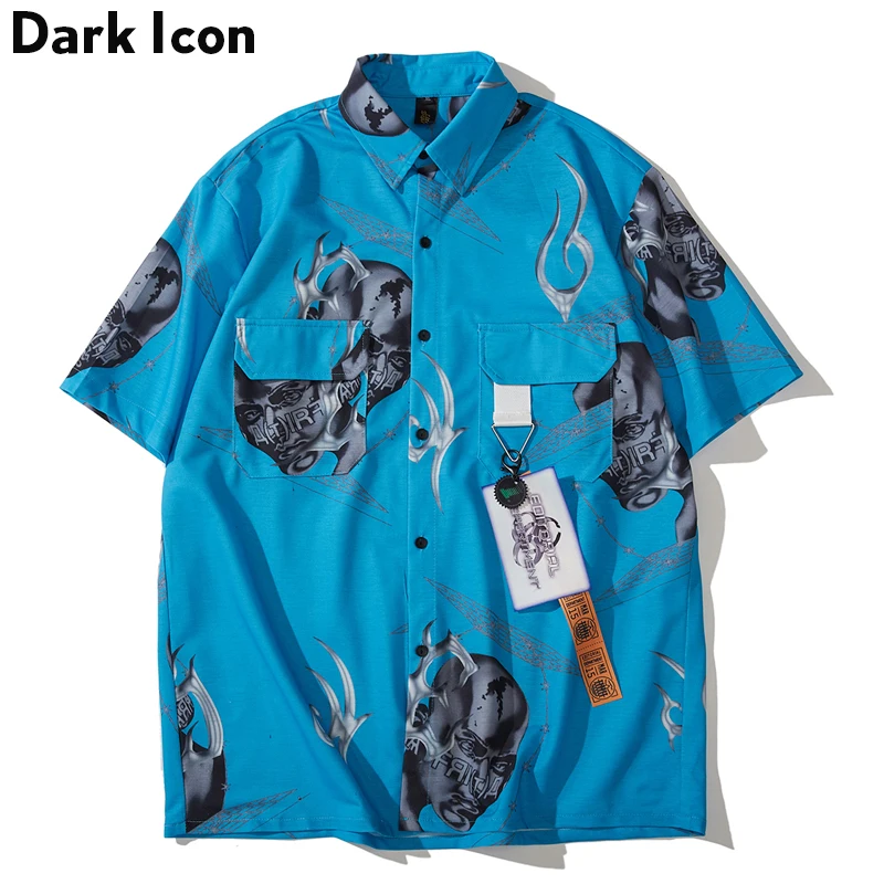 

Dark Icon Front Pocket Turn-down Collar Hip Hop Shirt Men 2019 Summer New Fashion Men Women Shirts Printed Shirts for Men
