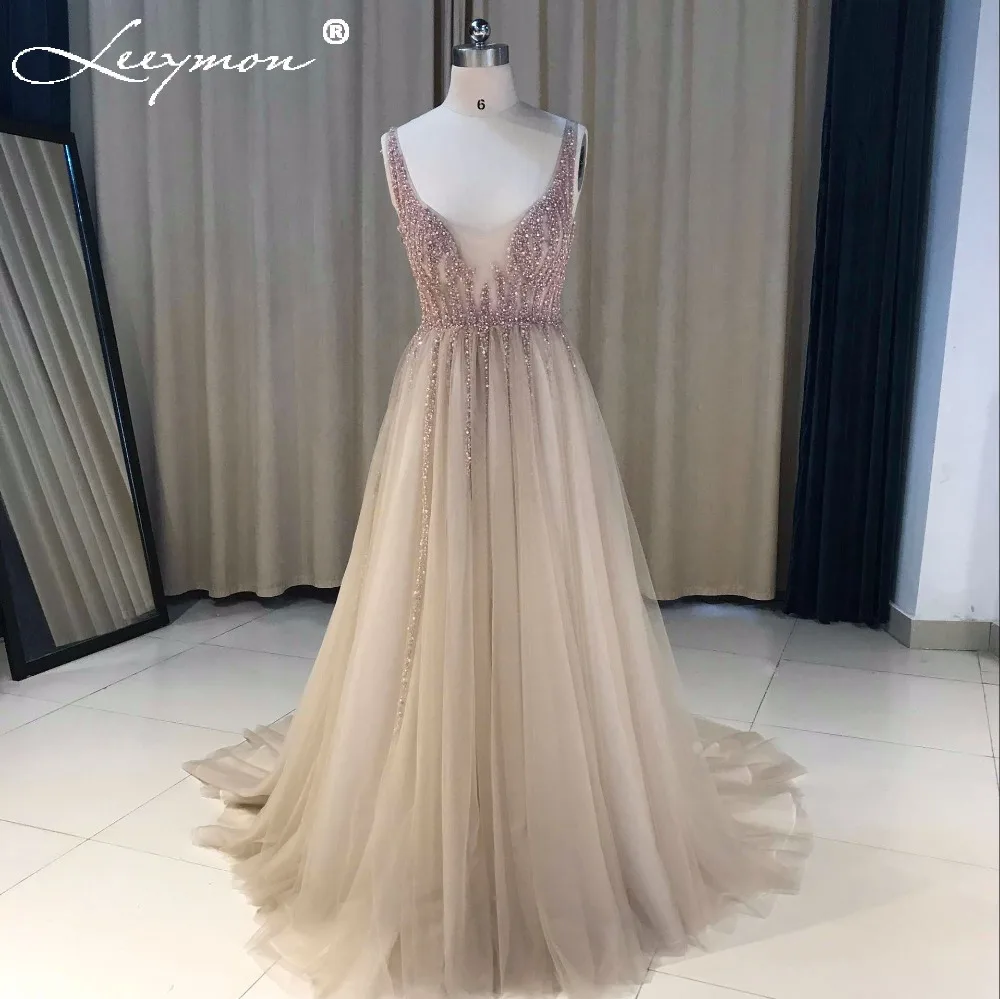 

New Sexy Slit A-Line Evening Dress Illusion Tulle Long Party Dress Beaded Sequined See Through Open Back Formal Evening Dresses