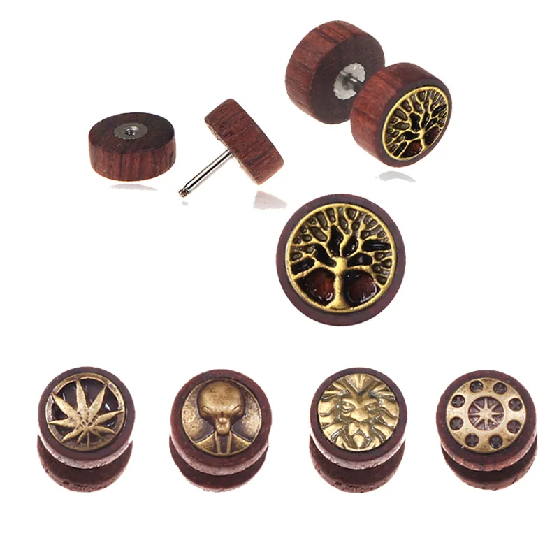 

1 Pair 2PC Wooden Earrings Double Sided Round Life Tree Stud Earrings For Men Women Punk Gothic Barbell Earrings Female Male