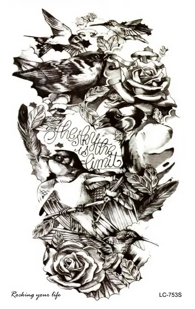 Rocooart Black Bird Tatouage Temporaire Femme Sketch Rose
