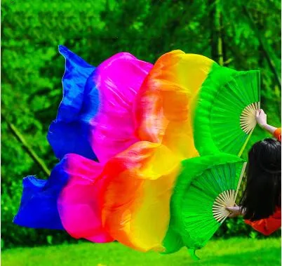 

Wholesale Real Silk Bellydance Fan Veils Pair Rainbow Gradient Dancer Performance Show Props 120cm 180cm Free Shipping
