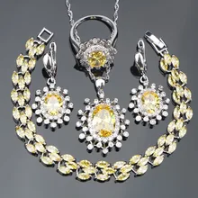 Женский желтый циркон 925 серебряный костюм Свадебные Ювелирные наборы серьги/ожерелье/кольца набор с камнями ювелирные изделия Рождественская коробка