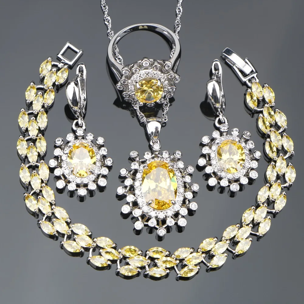 Women Yellow Zircon 925 Silver Costume Bridal Jewelry Sets