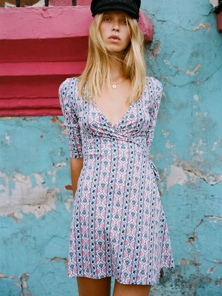 

Jastie Bohemian Print Mini Wrap Dress 3/4 Sleeve V-Neck Dresses Hippie Boho Dress Women Clothing 2019 Summer Dresses Vestidos