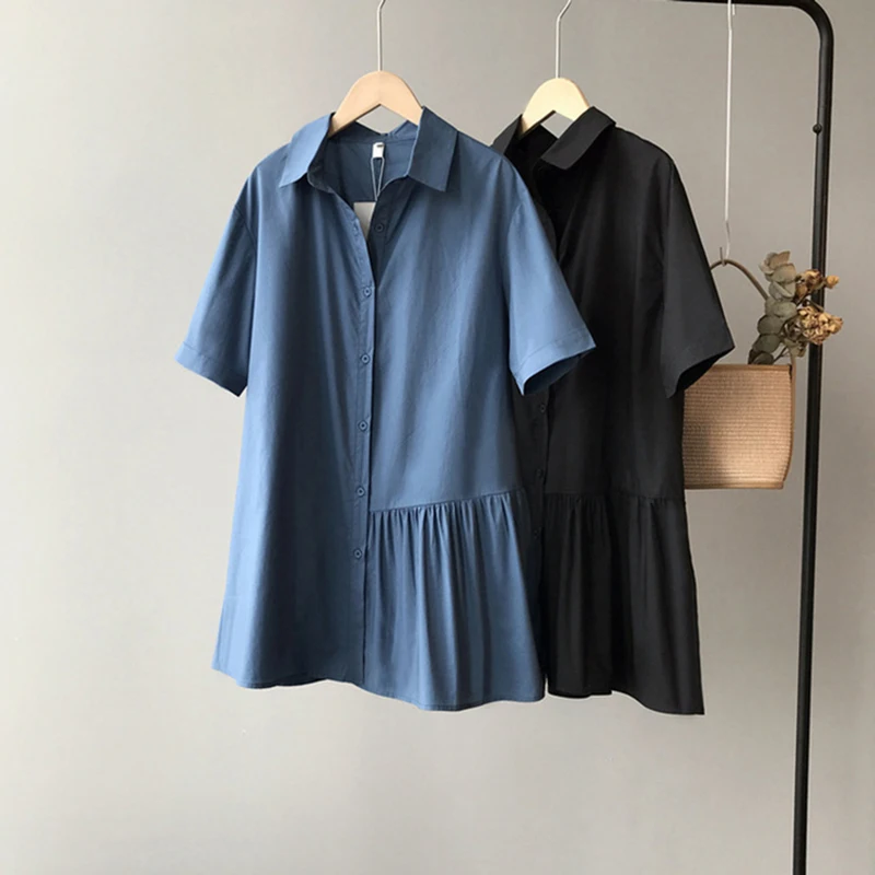 

HLHPYHB Female Dresses Women's Asymmetry Pleated Dress Casual Plain Single-Breasted Long Tops Blouse Fashion Loose Mini Dress