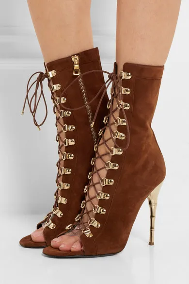 

Hot Sale Suede Leather Spring brand Shoes Women Lace Up Metal High brand Booties Open Toe Gladiator Ankle Boots