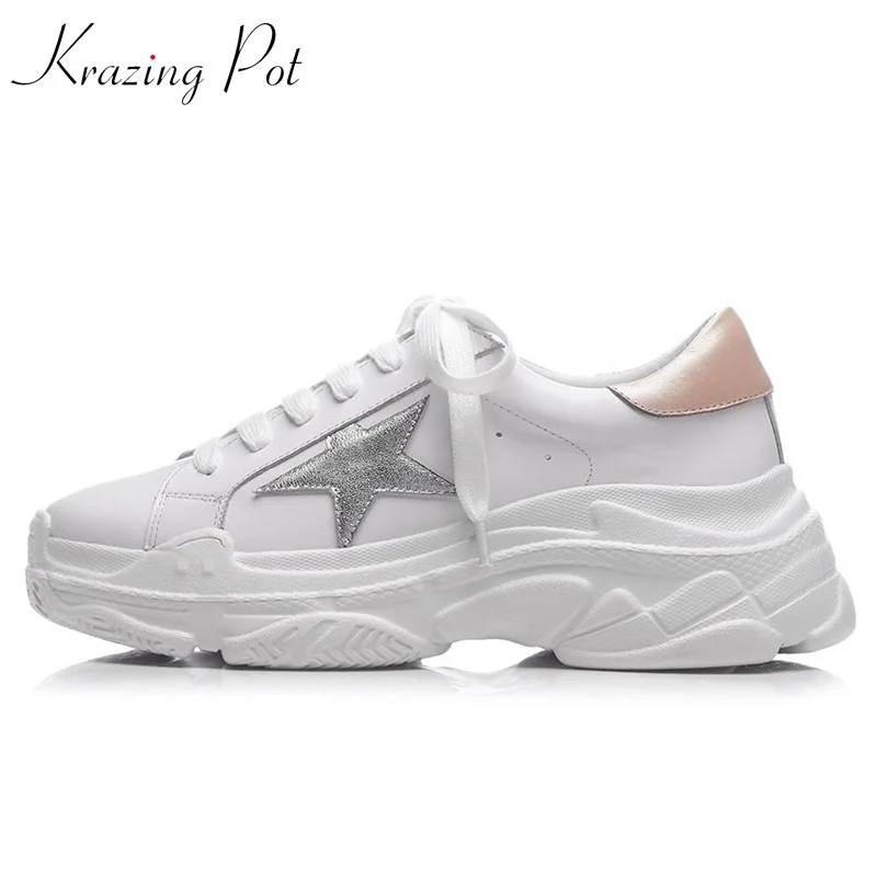 

Krazing Pot genuine leather five-star pattern platform white color sneakers round toe lace up personality vulcanized shoes L78
