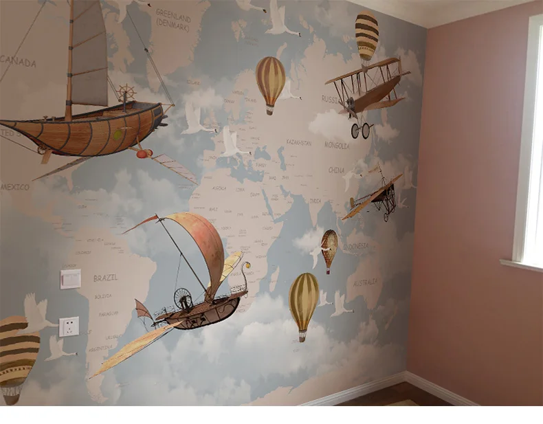 Bacaz Оригинальная карта мира плавания самолет 3d мультфильм обои для детской комнаты детский сад 3d мультфильм наклейки обои