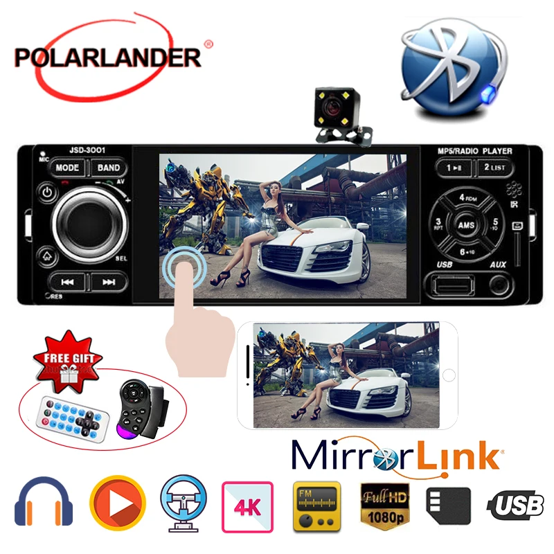 Ceny POLARLANDER Radio samochodowe 1din 4 cal Radio samochodowe ekran dotykowy Audio Mirror Link Stereo Bluetooth widok z tyłu kamera USB AUX IN odtwarzacz