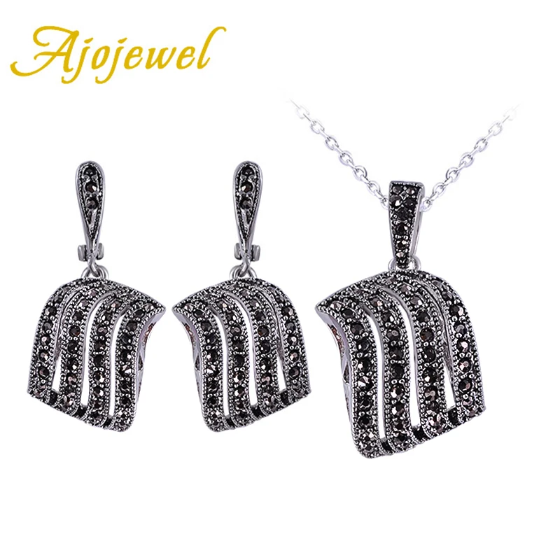 Ajojewel Античный Черный Кристалл Стразы Подвеска Ожерелье Серьги Наборы Женские