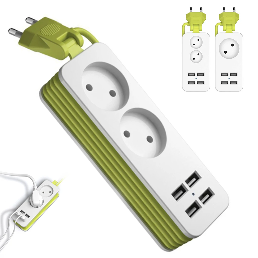 

EU Plug Power Strip 2 AC Plug Travel Adapter 1200W Multiple Portable 4 USB Port Charger Socket 1.5m for Smartphones Tablets