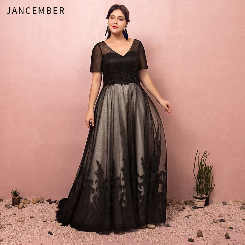 

JANCEMBER Plus Size Prom Dresses Illusion Short Sleeve Scalloped Neck Backless Lace Up Back Court Train Applique prom dress 2019