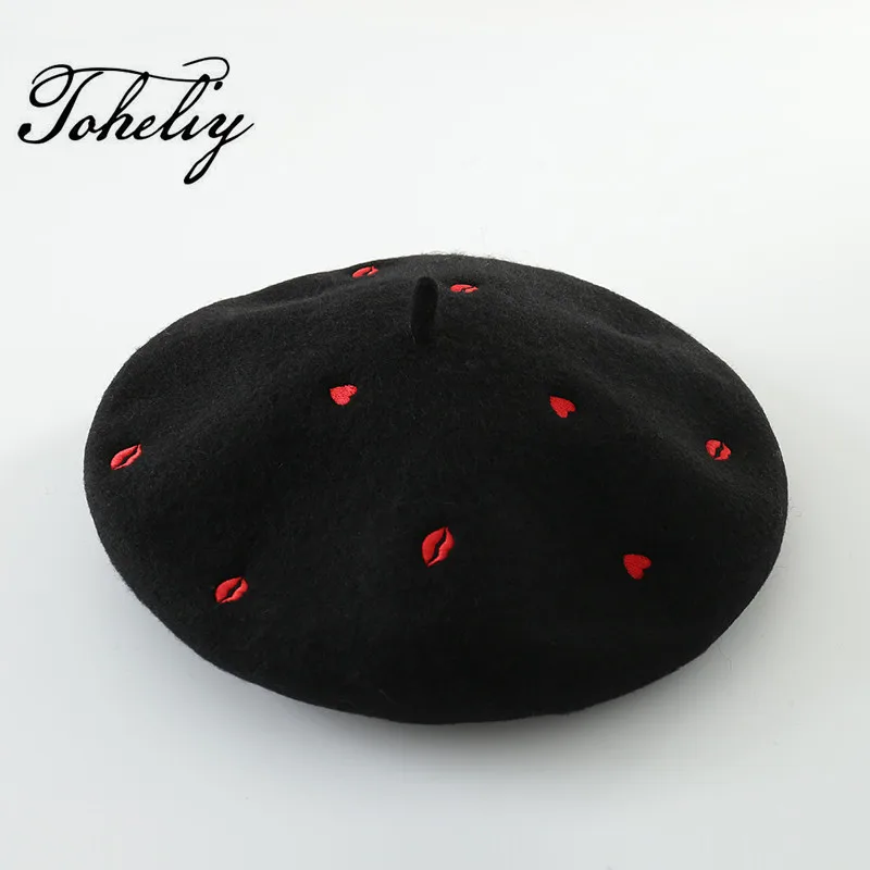 Cena Nowy styl wiosna 100% Wełna Zima czerwone serce haft Kobiety Beret Kapelusz Dla Sweet Girl Prezent Jesień Springhats