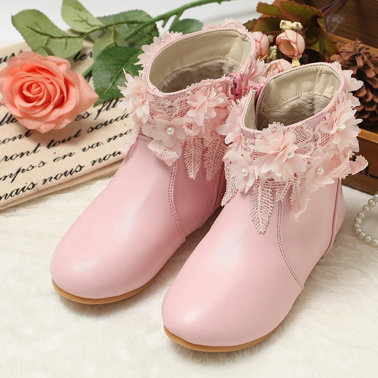2017 Baby Girl Ankle Boots Kids Shoes Lace Flower Leather Warm Shoes