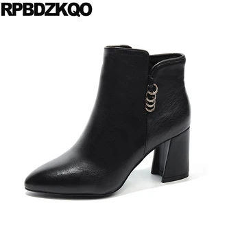 

Chunky Handmade Pointed Toe Winter Genuine Leather Booties High Heel Black Women 2018 Short Fall Shoes Side Zip Boots Warm Fur