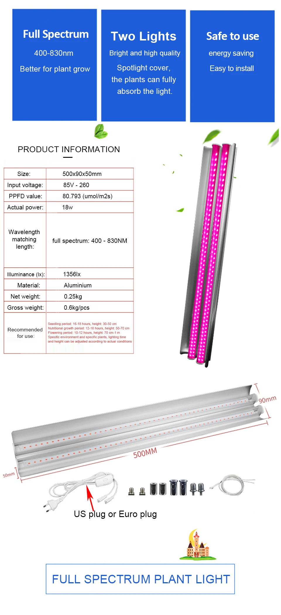 Grow Tent Light 60W Led Grow Light Strip Lamp For Plants Fitolampy Phyto Lamp Two Tube Lights Full spectrum Growth Lamp Flowers