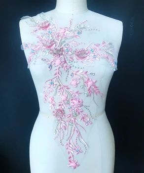 

handsewing beads rhinestones big pink lace applique trim patches Three-dimensional flower 60*30cm for prom dress accessory